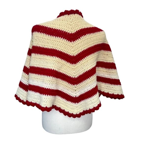 Vintage Hand Crafted Grandma Knitted Crochet Poncho Striped Red Cream White SM - Picture 2 of 6